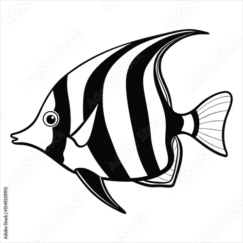 Black and white Moorish idol fish illustration isolated on a white background. Ideal for use in marine biology projects, aquarium branding, ocean-themed educational materials, and tropical travel.