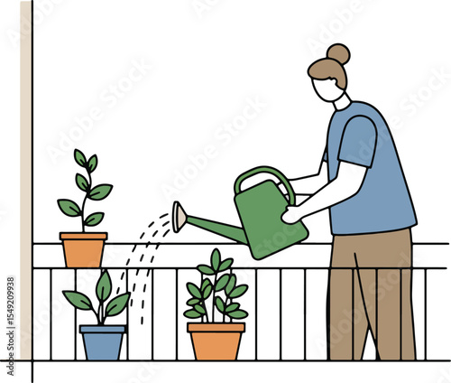 Woman Watering Plants on Balcony Urban Gardening Illustration