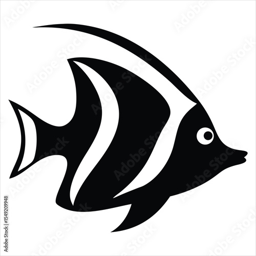 Stylized Moorish idol fish silhouette isolated on a white background. Ideal for use in marine biology projects, aquarium branding, ocean-themed educational materials, and tropical travel brochures.