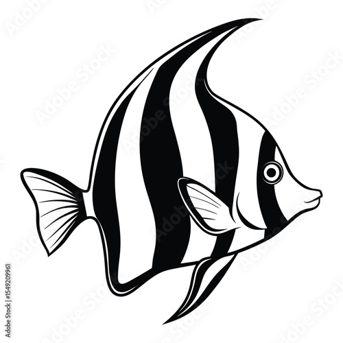 Black and white Moorish idol fish illustration isolated on a white background. Ideal for use in marine biology projects, aquarium branding, ocean-themed educational materials, and tropical travel.