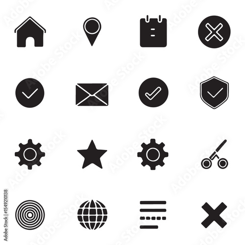 Collection of Basic UI Icons Home, Location, Checkmarks, Settings, Email, Star, and More
