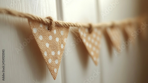 Hanging mini USA flags on twine against a white wall in vintage decor style, soft focus shot perfect for July 4th, patriotic visuals, or American heritage celebration scenes
