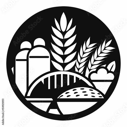 Agricultural scene with wheat silos and crops isolated on white background