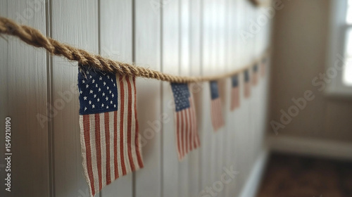 Small vintage American flags hanging on twine across white wall, shallow focus image perfect for patriotic backgrounds, 4th of July decor, or USA-themed celebration visuals