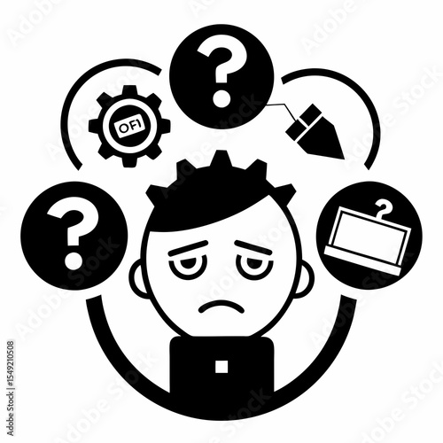 Man with questions and problems isolated on white background