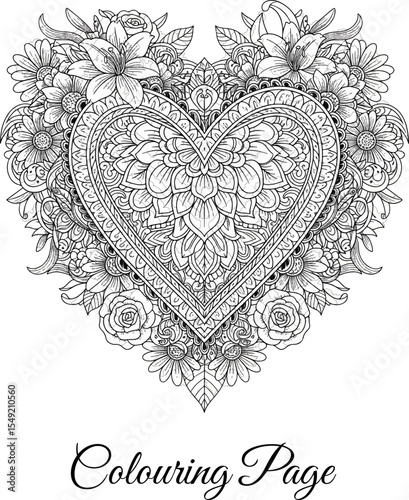 Intricate Floral Heart Coloring Page, Mandala Style Heart with Flowers Outline