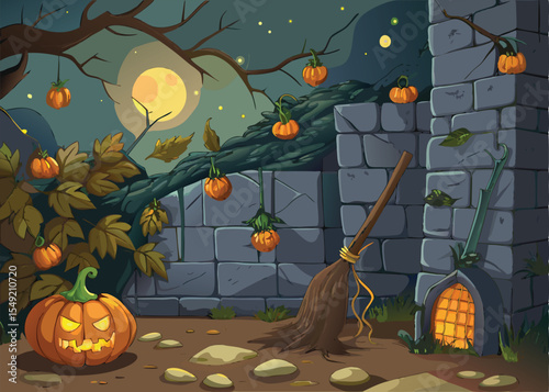 A charming illustration of a Halloween night scene.