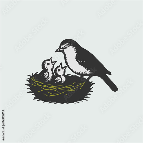 Bird Family: Illustration of a Parent Bird with Nestlings in a Nest