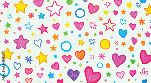 Wallpaper Mural Colorful Hand-Drawn Doodle Hearts, Stars and Circles Seamless Pattern Torontodigital.ca