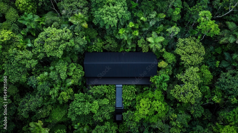 Modern Black Structure Surrounded by Lush Green Tropical Forest Modern Black Structure Surrounded by Lush Green Tropical Forest