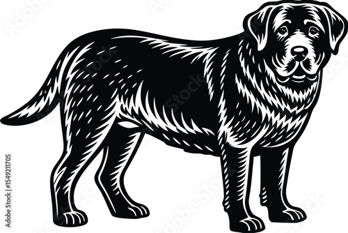 Black labrador retriever detailed line art elegantly stands gracefully in a side profile view