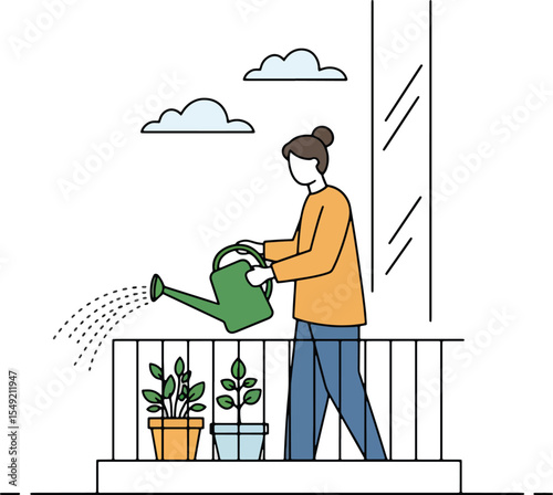 Woman Watering Plants on Balcony Urban Gardening and Homegrown Happiness