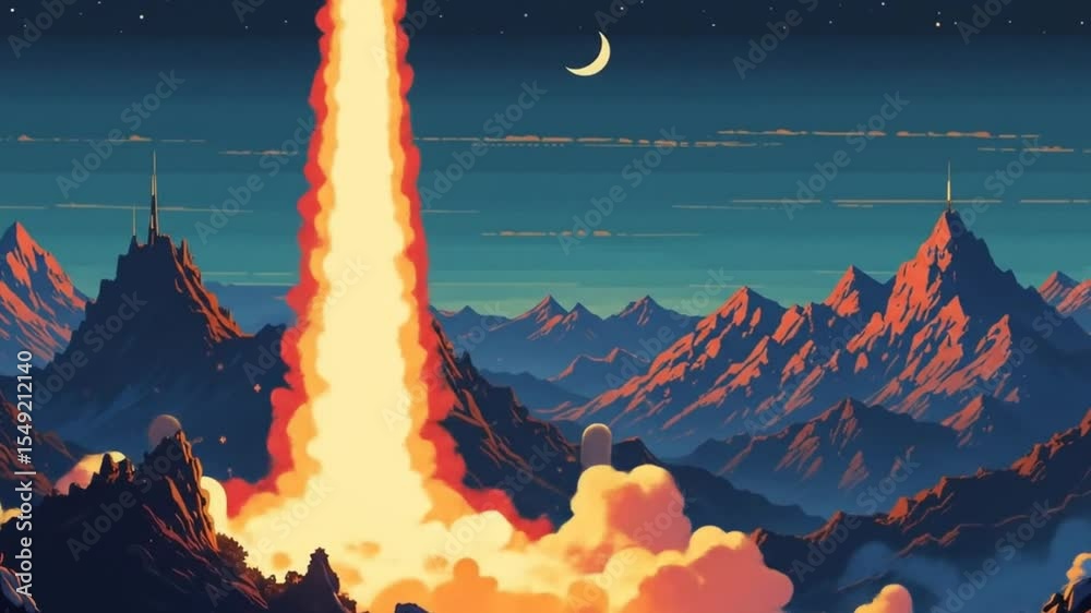 Classic Sci-Fi Rocket Launch Over Pixel Mountains at Night. 4k video