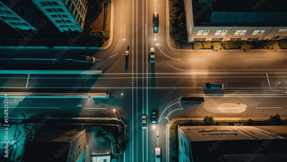 Obraz premium Aerial view of illuminated city intersection at night with moving cars and buildings