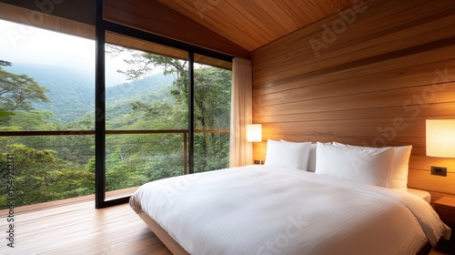 A serene  modern bedroom featuring a wooden interior and large windows that open to breathtaking views of a lush green forest  inviting tranquility and nature inside.