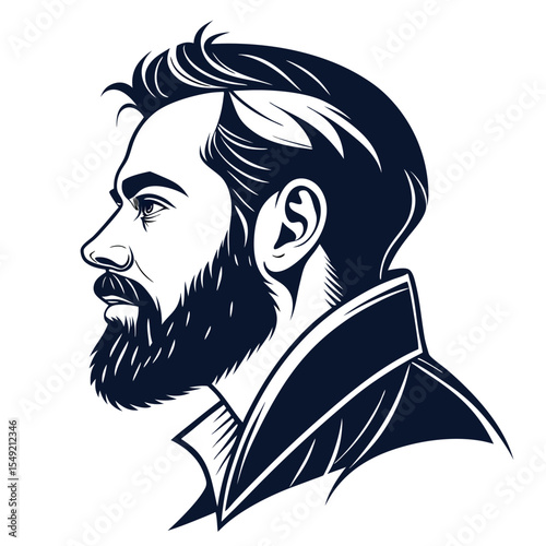 Monochromatic Side Profile Illustration of a Bearded Man with a Stylish Hairstyle and a Collared Shirt Depicted in Bold Lines