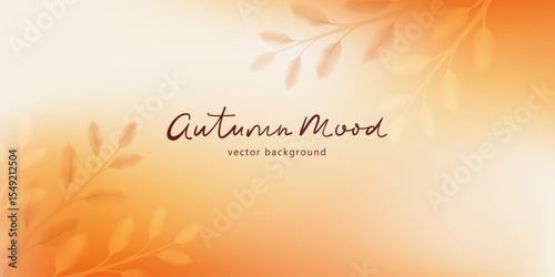 Autumn mood banner. Gradient soft background in warm shades. Red, orange retro backdrop. Defocused abstract landscape. Leaves, plants.