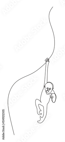 continuous line art drawing of a monkey or orangutan hanging from a tree branch