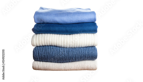 A neatly stacked pile of five folded sweaters in various shades of blue and white.