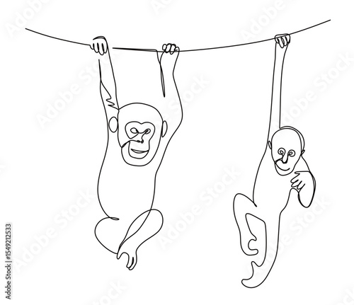 continuous line art drawing of two monkeys or orangutans hanging from a tree branch