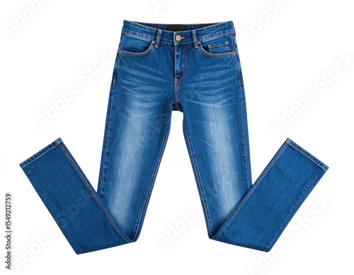 A pair of blue denim jeans with a classic five-pocket design and visible stitching, displayed flat with legs slightly bent.