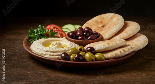 Wallpaper Mural Indulge in a Mediterranean feast: Creamy hummus, warm pita bread, vibrant vegetables, and assorted olives create a delicious and inviting platter. Torontodigital.ca