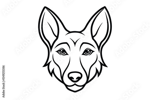 Black and white line art reveals a detailed canine head with sharp ears