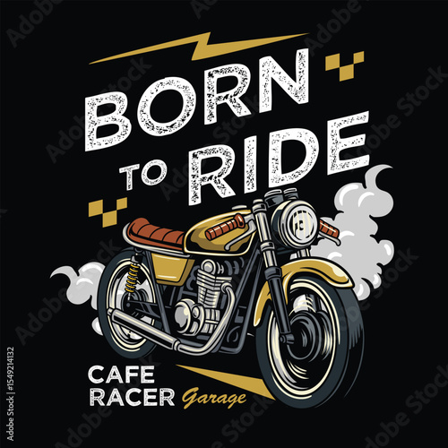 A yellow retro cafe racer motorcycle with Born to ride bold typography cartoon illustration
