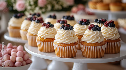 Patriotic cupcake display on simple white table with red, white, and blue USA flag-inspired colors, styled for 4th of July or American holiday celebration in minimal setting