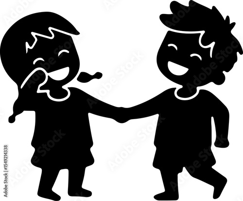 Happy Children Holding Hands: Two happy children holding hands, laughing and smiling, a joyful image representing friendship, childhood, and carefree fun.