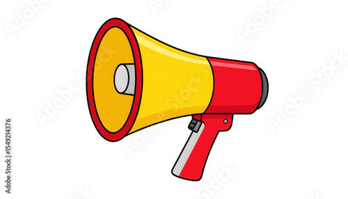 A red and yellow handheld megaphone with a trigger handle designed for amplifying sound.