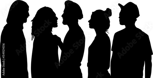 Silhouette Group: A unified ensemble of five individuals, captured in striking silhouette, standing shoulder-to-shoulder in a display of solidarity, unity, and diversity.