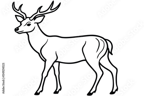An elegant deer with large antlers stands in profile outlined in black