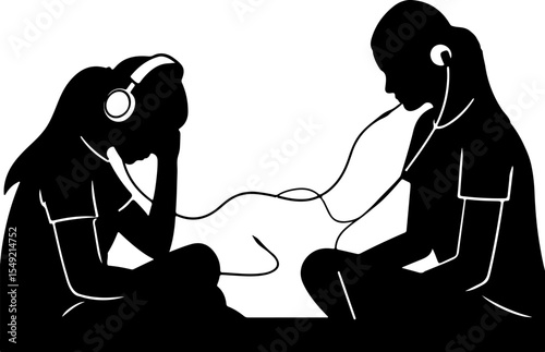 Echoes in Harmony: A symbolic illustration of two figures intertwined in a moment of shared intimacy, each immersed in the same melody through connected headphones, fostering connection and unity.