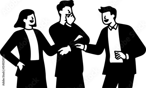 Collaboration and Ideas Flow: Three figures, engaged in a spirited discussion, ideas exchange and brainstorming in a dynamic business environment, symbolizing teamwork, communication.