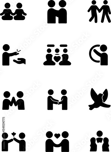 Icons of Harmony: A diverse collection of minimalistic icons, representing interconnectedness, unity, and a celebration of human relationships, evoking feelings of peace and partnership.