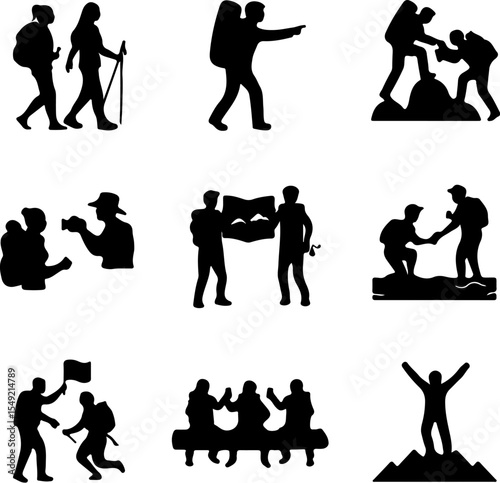 Embark on Adventure: A collection of silhouettes depicting hikers embarking on an adventurous journey, navigating landscapes, and experiencing teamwork.