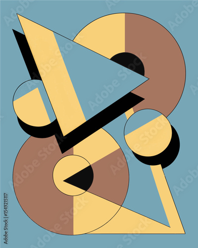 vector illustration of an abstract pop art-inspired t-shirt design with Mocha Mousse, Butter Yellow, and Icy Blue colors with geometric shapes 