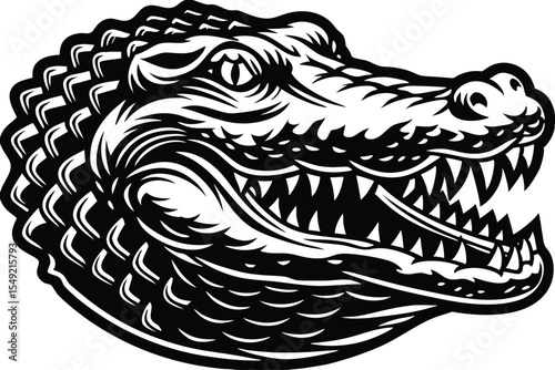 Black and white shows an alligator head with its mouth open menacingly