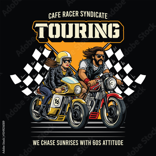 Two bikers ride cafe racer motorcycles with bold typography and sunset retro background design