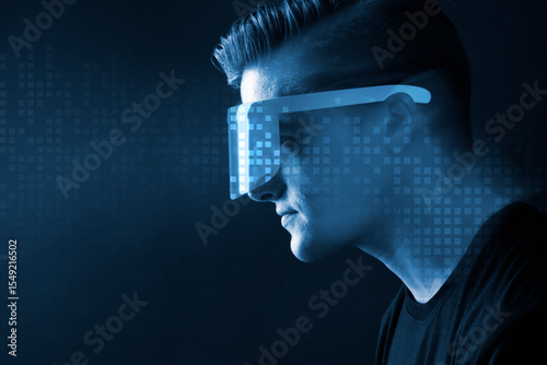 Man in glasses augmented reality blue