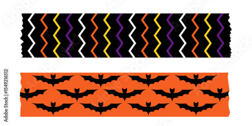 Halloween masking tape set in festive purple orange and black colors. Cute washi tape borders with spiders bats and pumpkins. Vector elements for wrapping crafts scrapbooking and decorations.