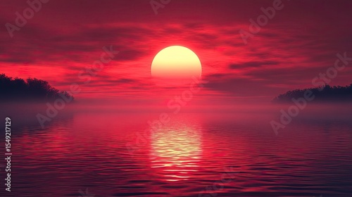 A beautiful red dawn breaking over a lake with fog, the first light of the sun reflecting across the calm water, offering a peaceful, serene view. -