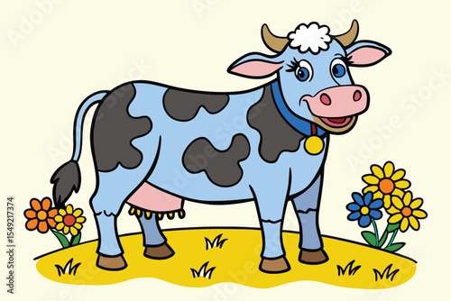 Cheerful cartoon cow with blue spots smiles among yellow and blue flowers