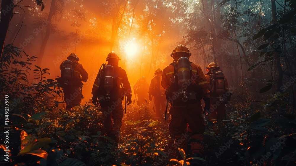 Fototapeta premium A dramatic scene of firefighters navigating through a smoke-filled forest, symbolizing bravery and resilience in the face of natural disasters and teamwork in tough conditions.