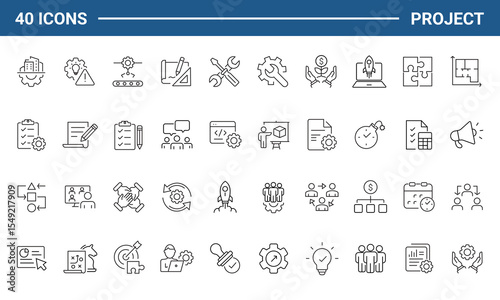 Management set of web icons in linear style. Project management icons for web and mobile app. Business, organization management, planning, project, startup, marketing, teamwork. Vector illustration