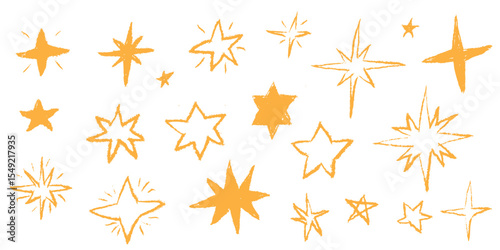 Pastel hand drawn stars with crayon and chalk texture. Cute sketch icon pattern with pencil lines and marker strokes. Vector twinkle sparkle elements like magic fireworks or comet shapes.