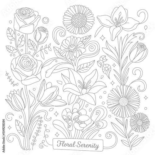 Floral serenity line art bouquet isolated on white background