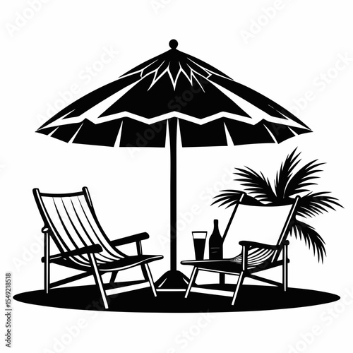 Beach chairs under umbrella drinks palm tree isolated on white background