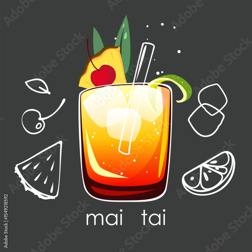 Mai Tai cocktail on a dark background. Classic alcoholic cocktail based on rum, liqueur, lime, decorated with pineapple, lime zest, cherry. Vector illustration.